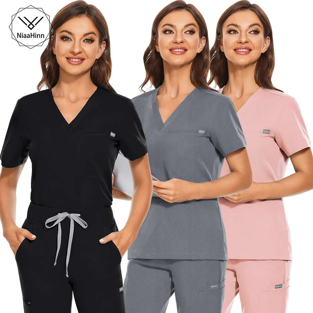 

S-2XL 8Color Medical Nursing Uniform V Neck Blouse Short Sleeve Nurse Uniform With Pocket Casual Unisex Overalls Shirts Care Top