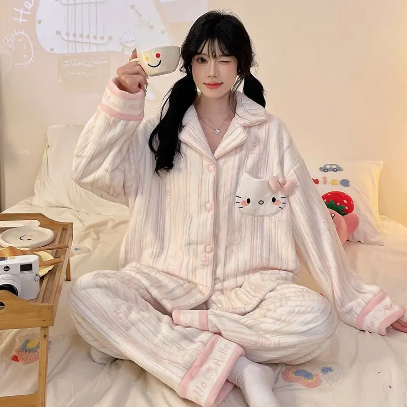

Casual Hello Kitty Cute Long-sleeved Trousers Pajamas Girls Coral Velvet Autumn and Winter Thickened Flannel Winter Home Clothes