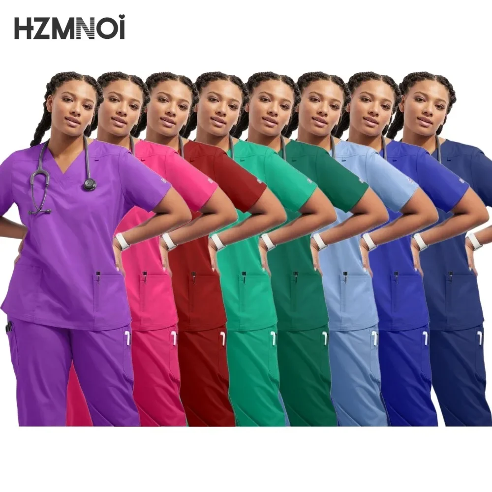 

Nurse Uniform Suit Scrubs Uniforms Veterinary Work Clothes Scrub Tops Pants Women Solid Color Short Sleeve Pockets Carer Uniform