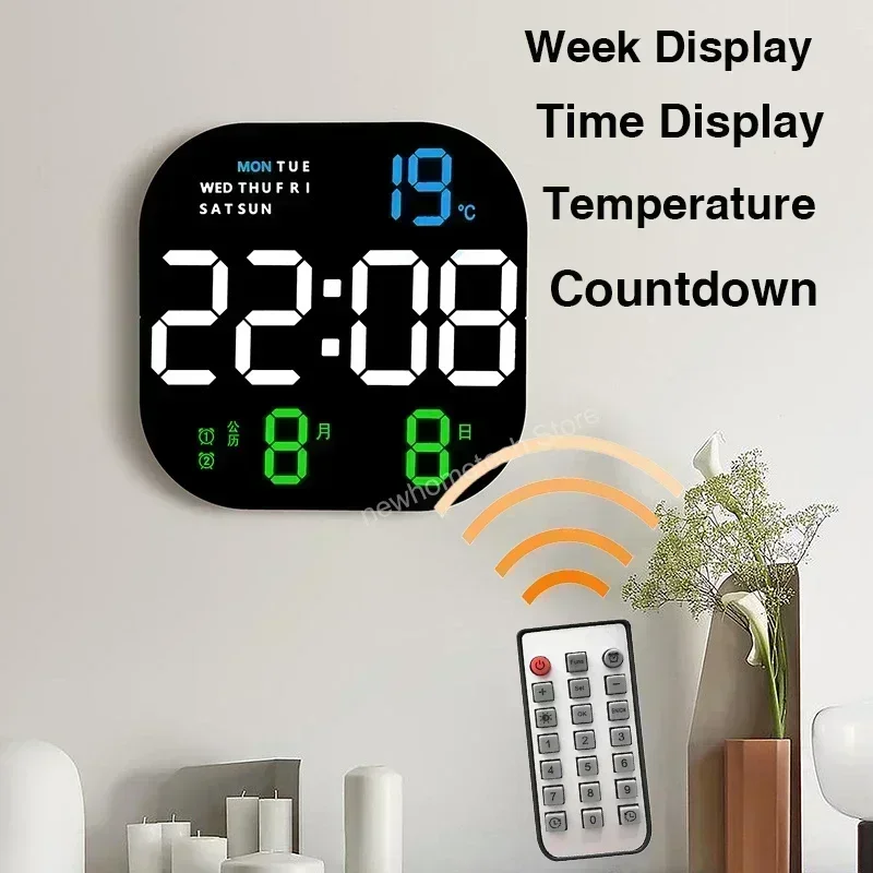 LED Digital Wall Clock Large Screen Temperature Date Day Display Electronic LED Clock with Remote Control Living Room Decoration