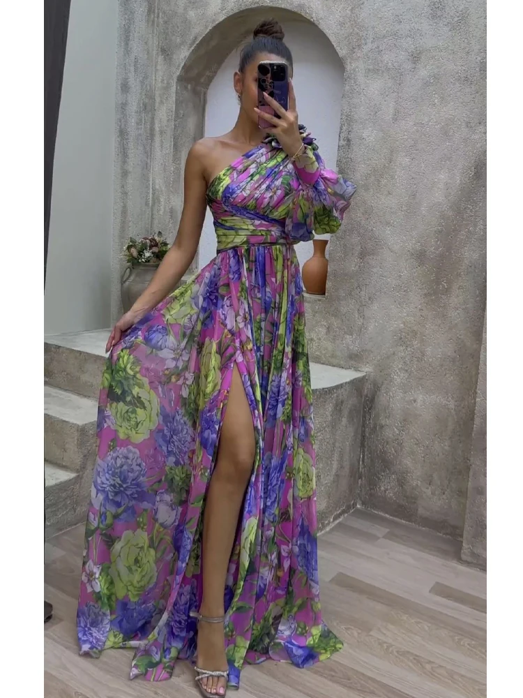 

Floral Print Dress Women Sexy Off Shoulder Long Dresses Vintage Fashion Flower Maxi Dress Ladies Party Contrast Color Vestidos