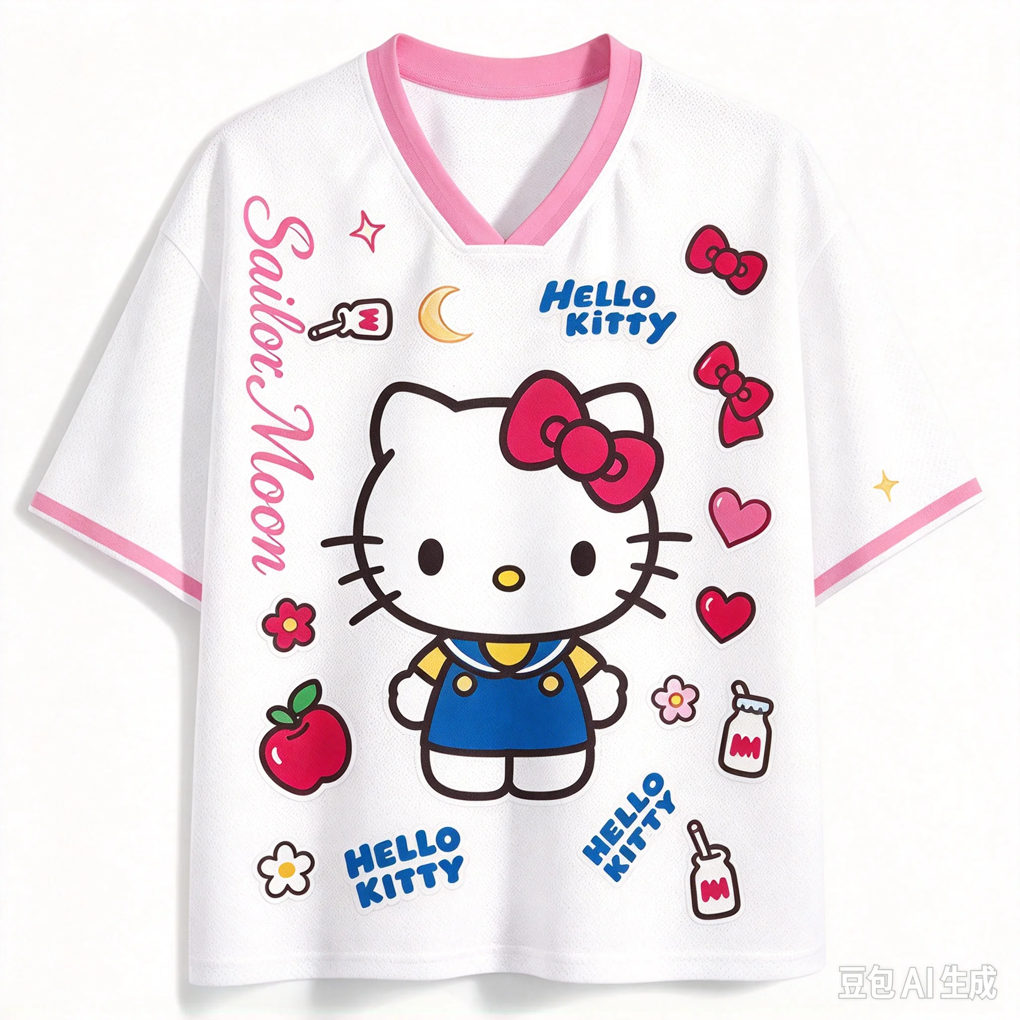 2026 Cute Hello Kitty Dessert Graphic Jersey T-Shirt Women V Neck Short Sleeve Kawaii Cartoon Oversized Tee Casual Streetwear