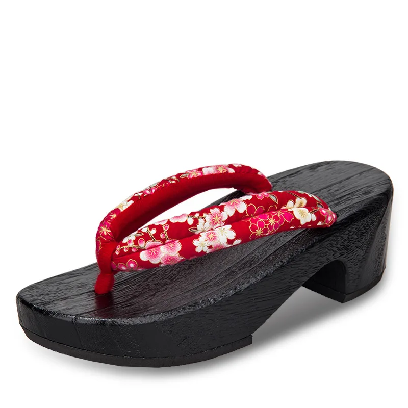 Halloween Women Japanese Geta Wooden Clogs Floral Fabric Strap Platform Flip Flops Traditional Kimono Cosplay Sandals