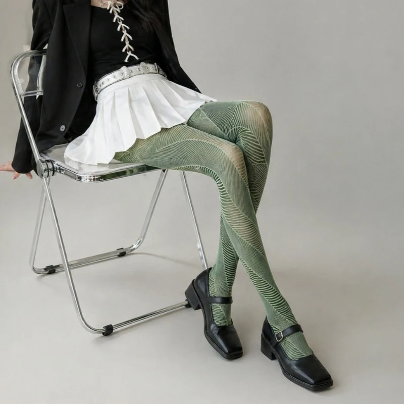 

2 Pairs Jacquard Diagonal Rib Tights Women Khaki Matcha Green Vintage Pattern Pantyhose Spring Autumn Slimming Legging Stockings