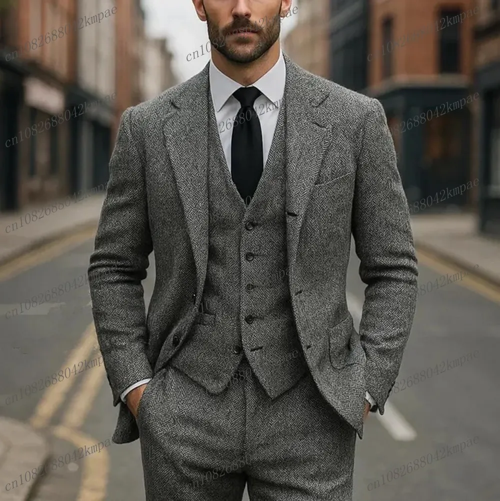 

New Grey Woolen Fabric Formal Men Suit Groom Groomsman Wedding Party Prom Business Male Tuxedos 3 Piece Set Blazer Vest Pants