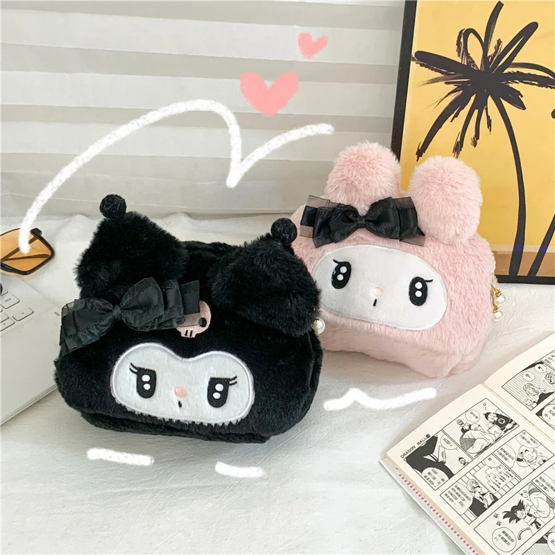 Bolsa de maquillaje portátil de dibujos animados, juguete de felpa, Sanrio Kuromi Melody, bolsa de almacenamiento para el hogar, regalo para niñas, nuevo