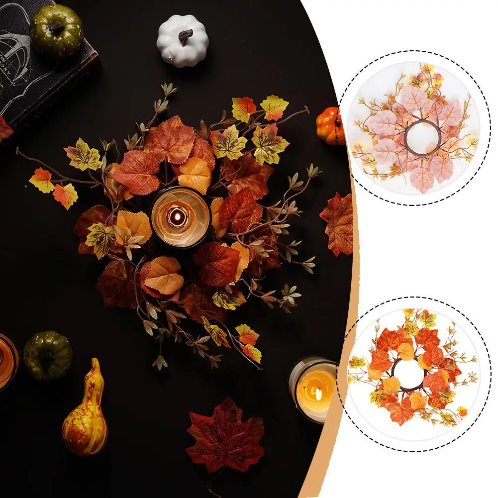 

Fall Candle Maple Leaves Harvest Day Wreath Holder Wreath Festival Small Holder Candle Pillar Wreath Farmhouse P0I5