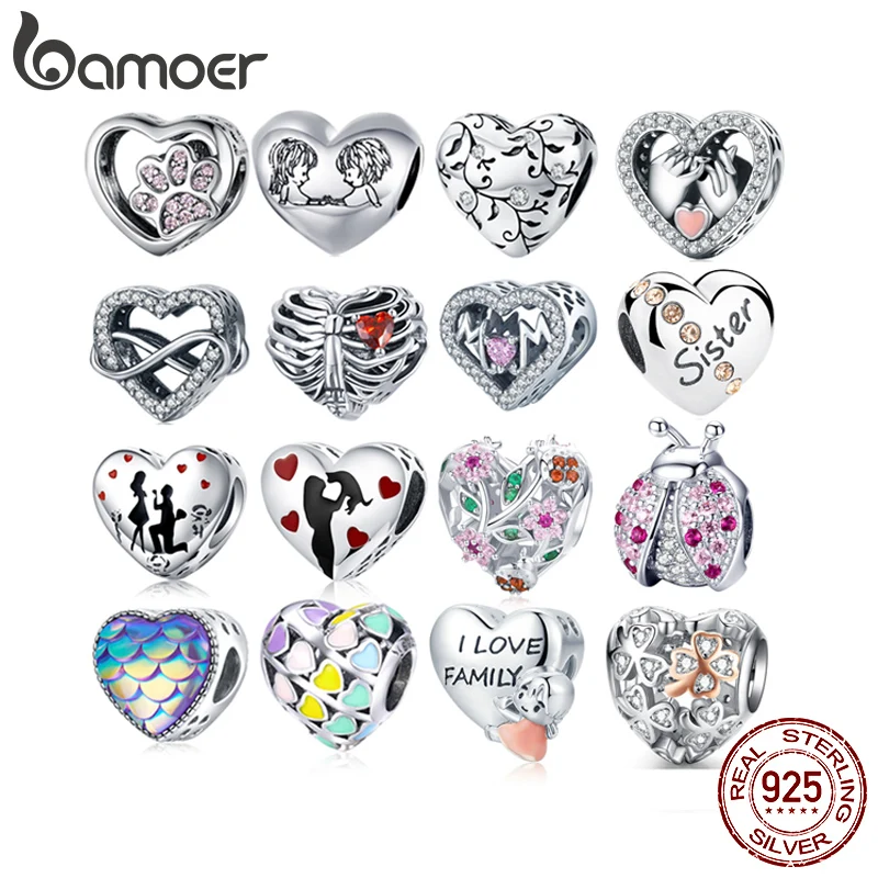 BAMOER 925 Sterling Silver Heart-shape Collection Charms Cat Love Paw Footprints Charms fit for Charm Bracelet Fine Jewelry