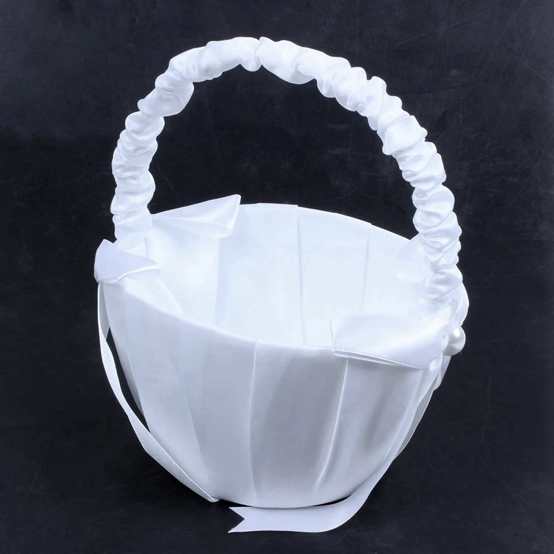 New-6X White Satin Beaded Wedding Flower Girl Basket Bowknot Decor