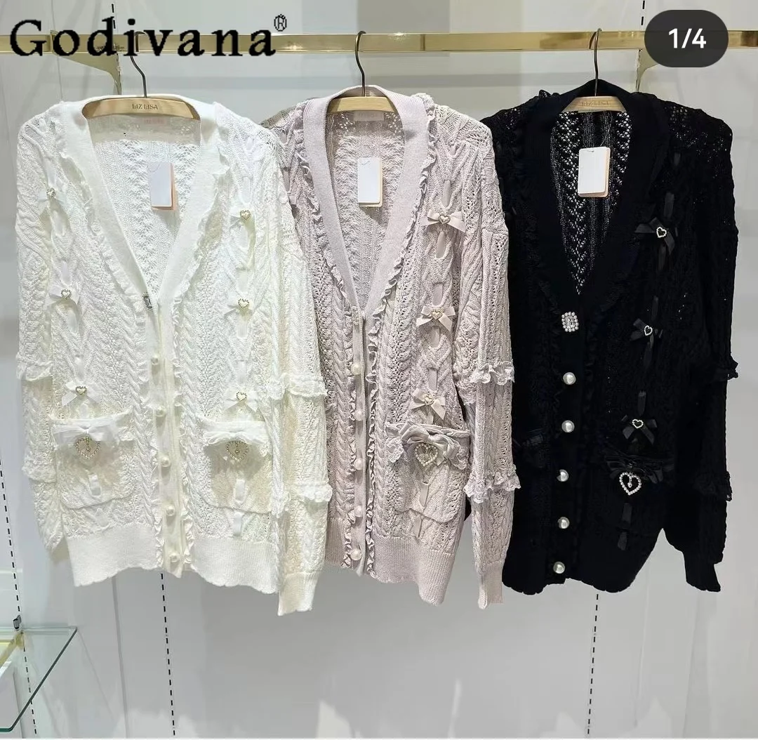 

Japanese Style Ribbon Weaving Hollow Pocket Knitted Cardigan Autumn and Winter Women Girls Sweet Bowknot Long Sweater Coat Tops