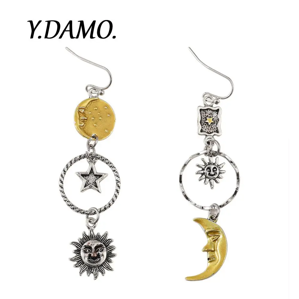 

Damo Retro Asymmetric Drop Earrings Silver Color Sun Moon Star Earrings Vintage Design Women Jewelry Quality Unusual Party Gift