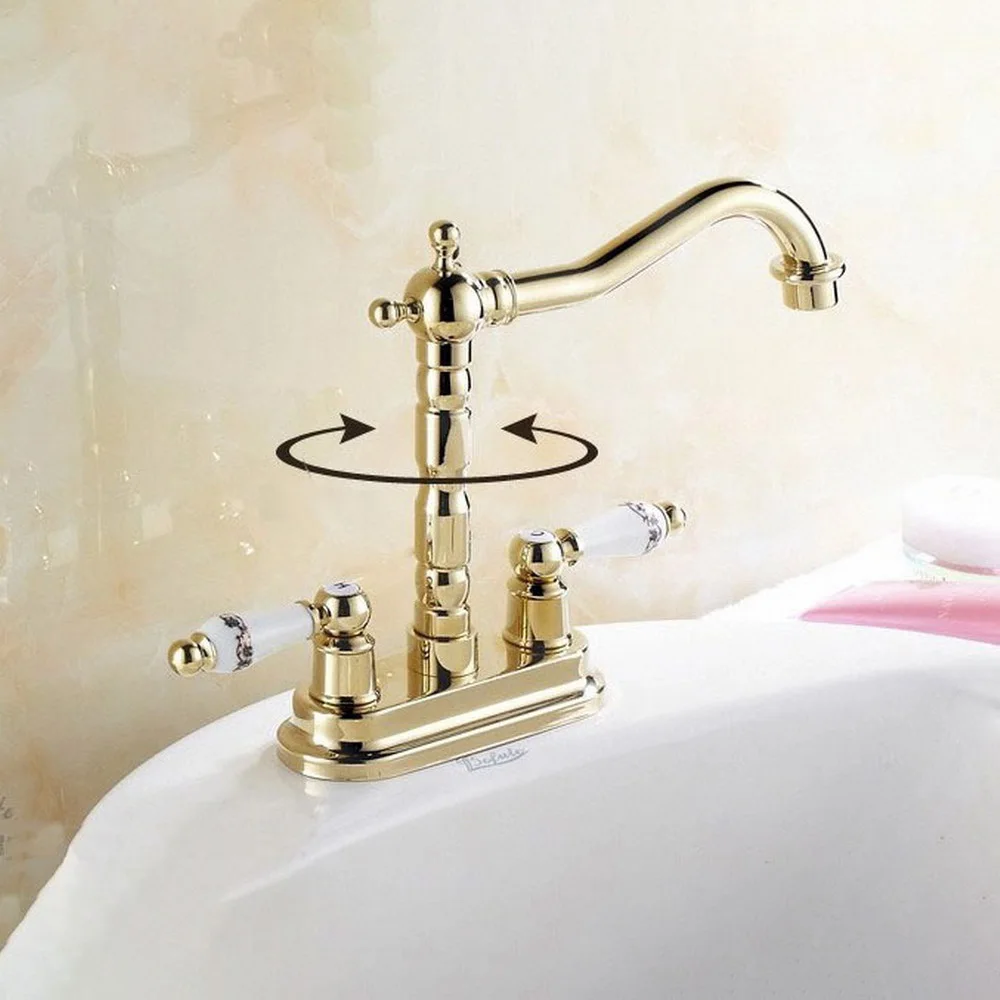 Poliert Gold Farbe Messing Dual Keramik Griff 4 "Centerset Küche Waschbecken Wasserhahn Kalt-und Warmwasser Mischer Becken Wasserhähne lnf322