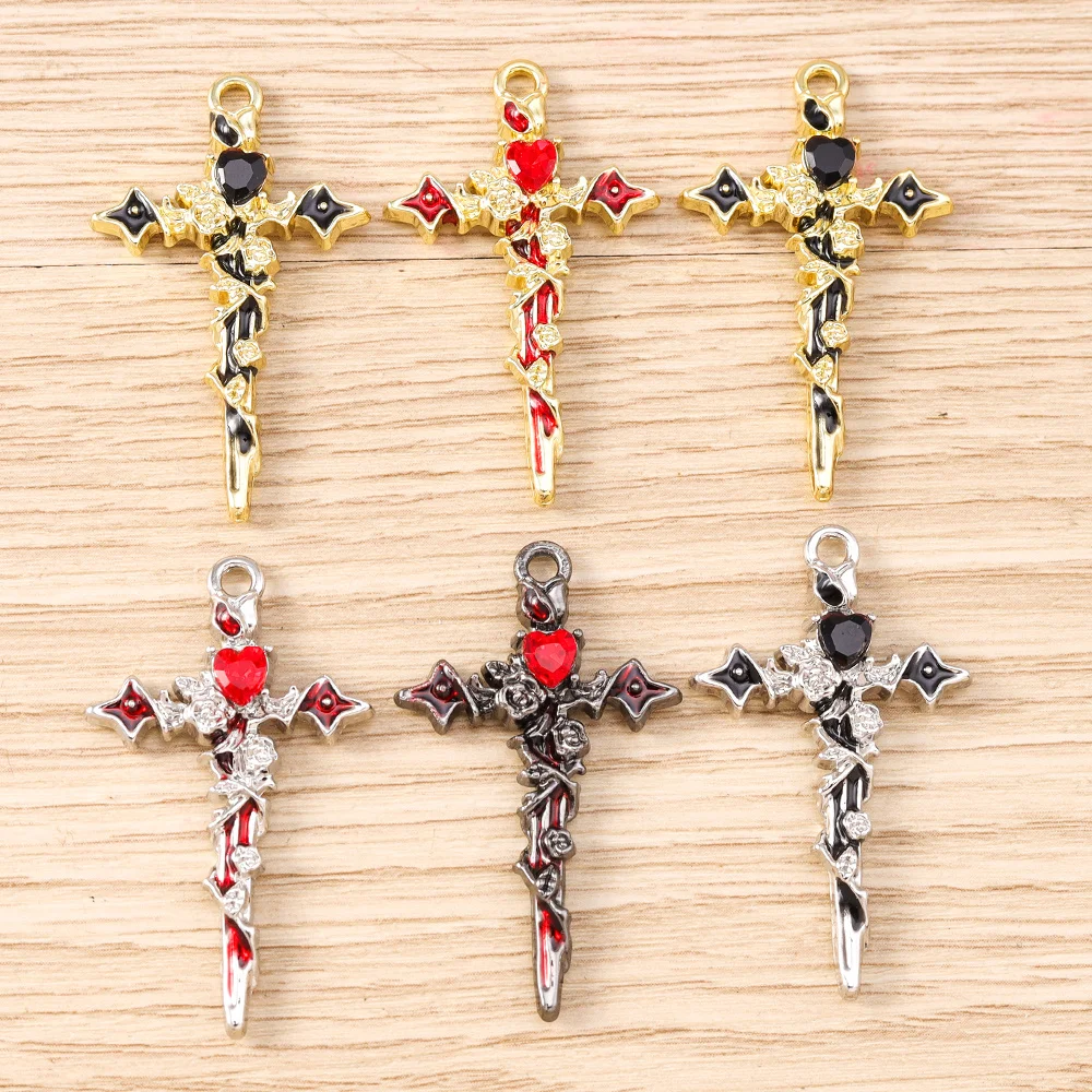 Tusember 5 Stück Metall Gothic Kristall Rosenblumen Kreuz Anhänger für Halsketten Ohrringe DIY Schmuckherstellung Zubehör – Detail 6