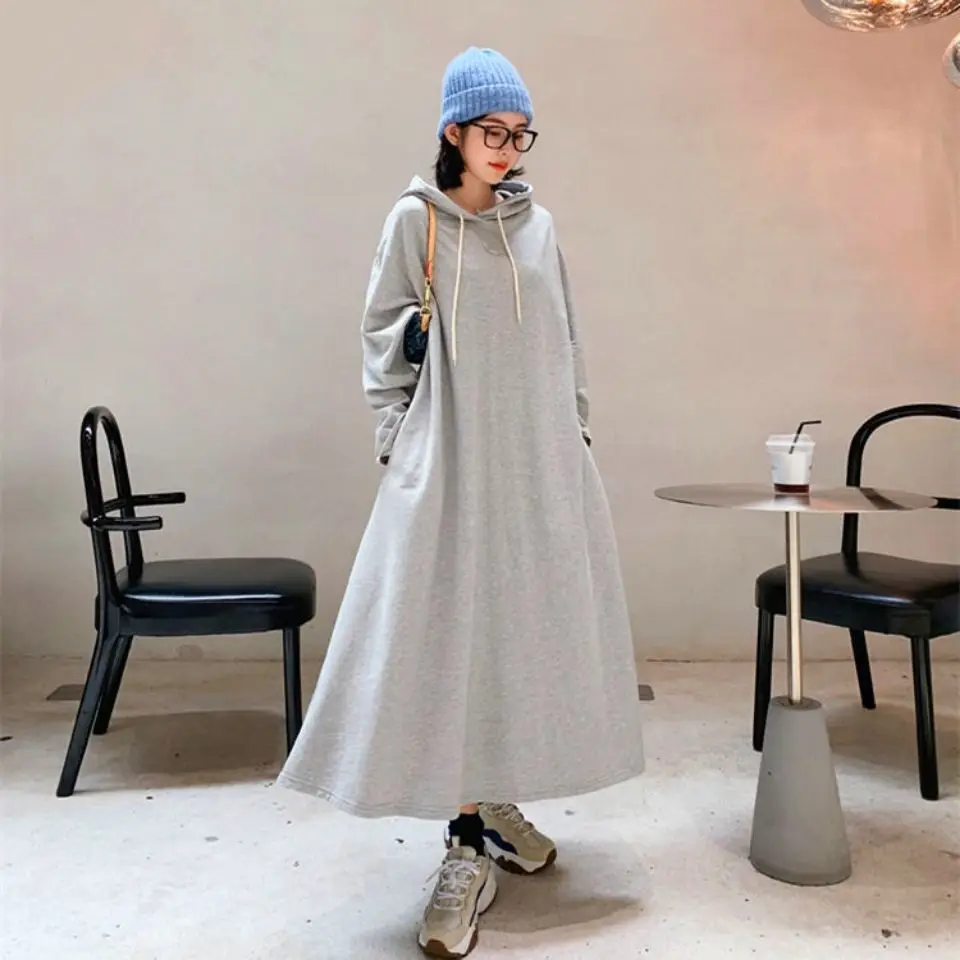 Oversized Autumn 2024 New Casual Korean Solid Color V-neck Long Sleeve Blouse Tshirt Dress Women\'s Simplicity Casual Dresses