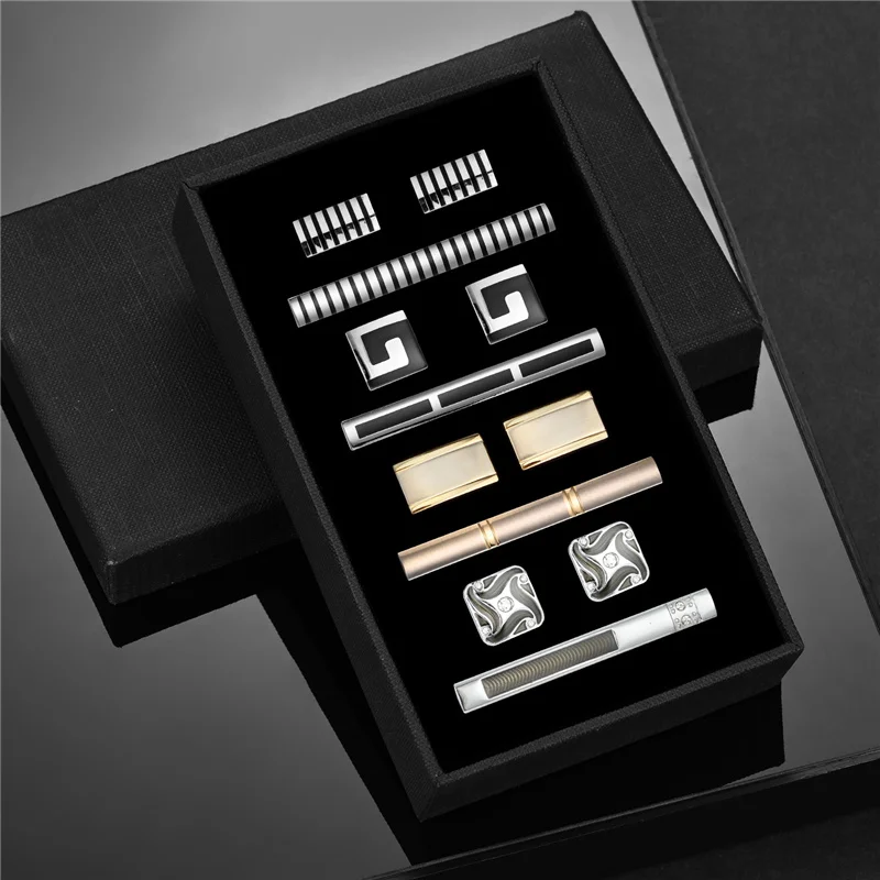 4 Sets Tie Clips & Cufflinks For Men Man Shirt Cufflink Wedding Guests Gift With Box Pisa Ties Pin Luxury Men's Gift For Husband