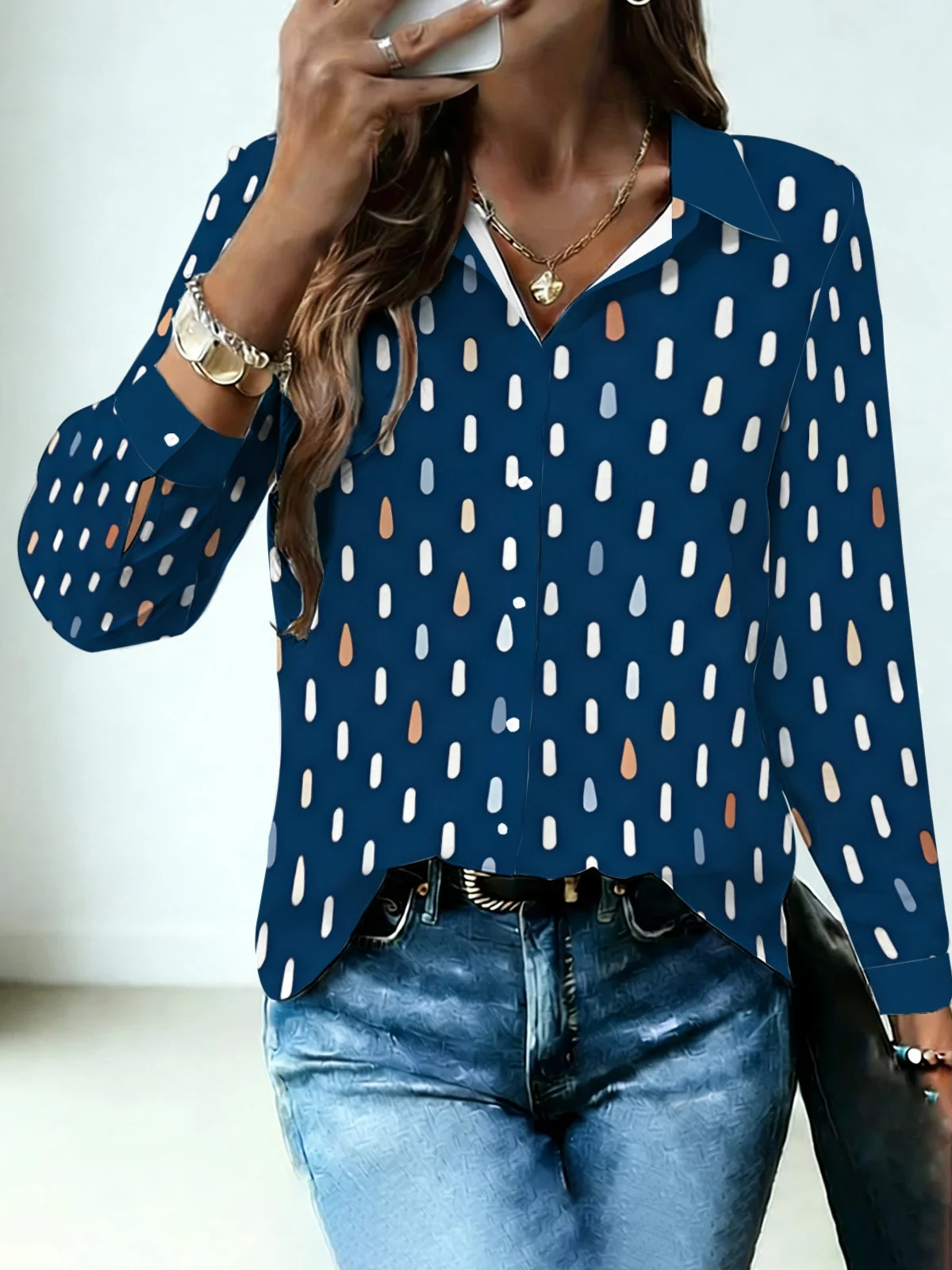 Soft Minimal Water Drop Womens Collared Shirt Deep Solid Navy Base All Over Mixed Tone Rain Dots Long Sleeve Dating Street Blous