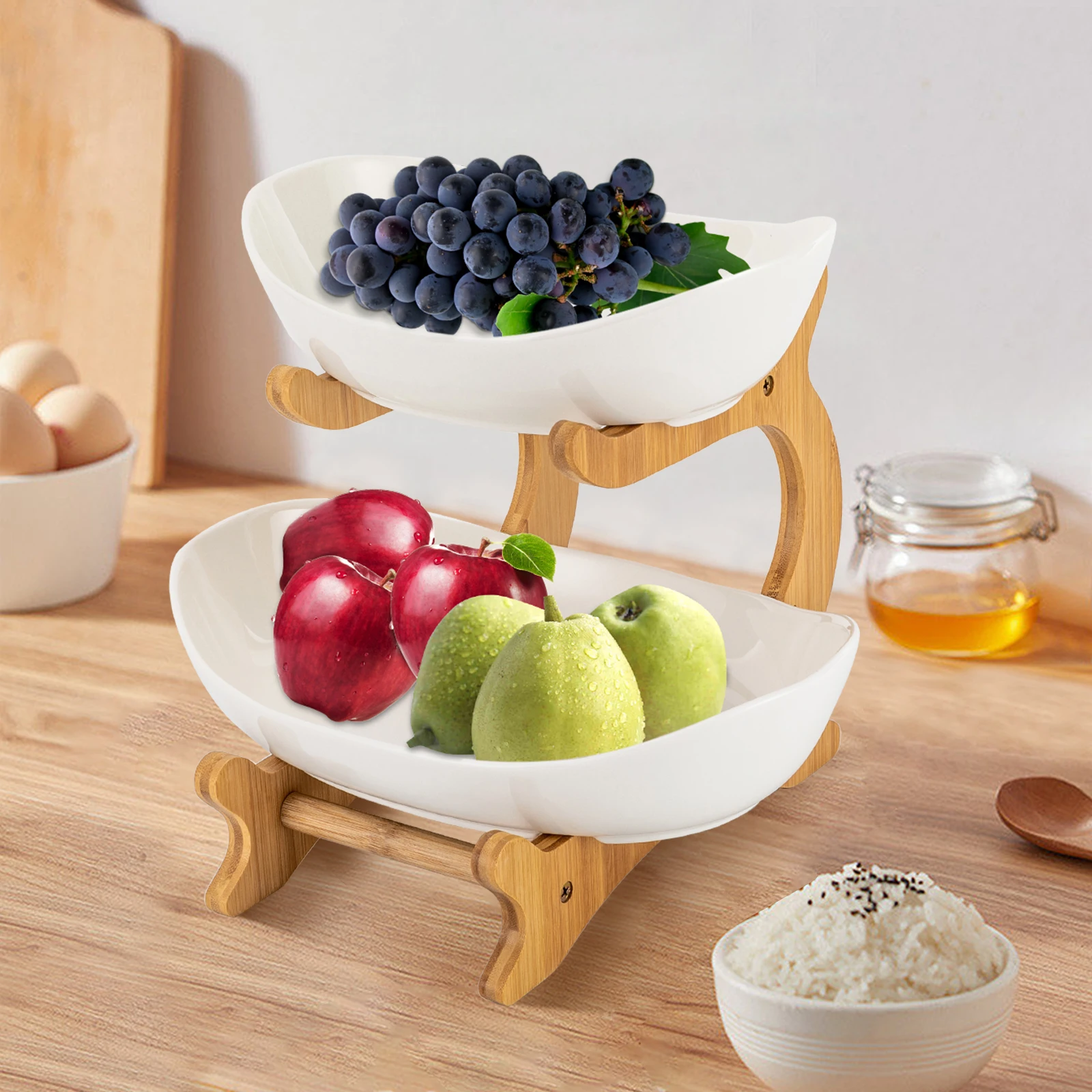 2 Tier Fruit Basket - Kitchen Countertop Ceramic Fruit Bowl 2 Tier Decorative Fruit Rack for Fruits and Snacks