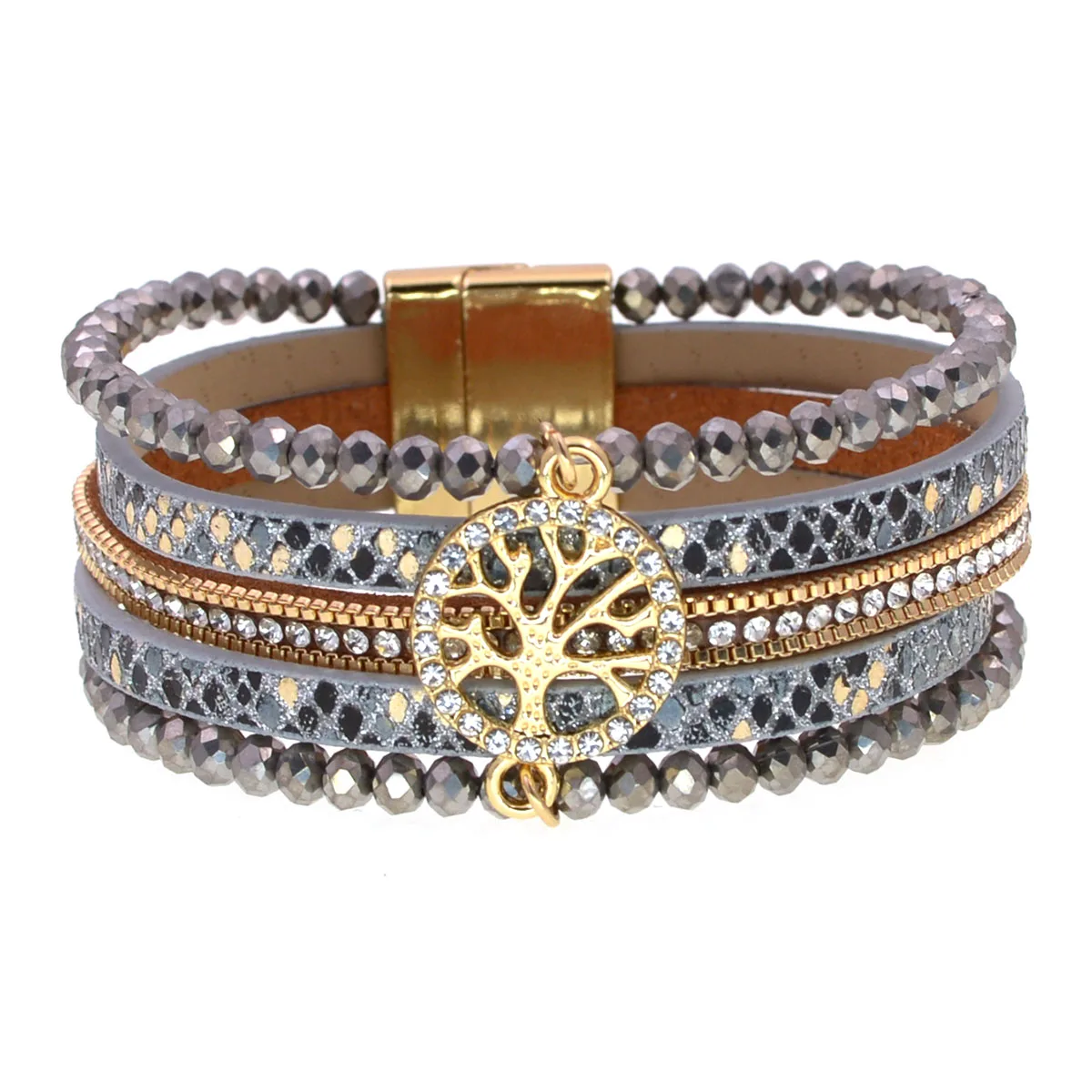 WELLMORE Bohemia Leather Bracelets for Women Magnet Crystal Women's Bracelet Tree Bracelet Fashion Holiday Party Jewelry