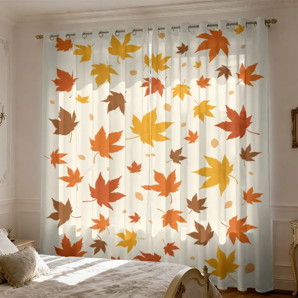2pcs Autumn maple leaf Printed Curtains for Living Room and Bedroom, Suitable for Blocking Light and Decorating Home Interior