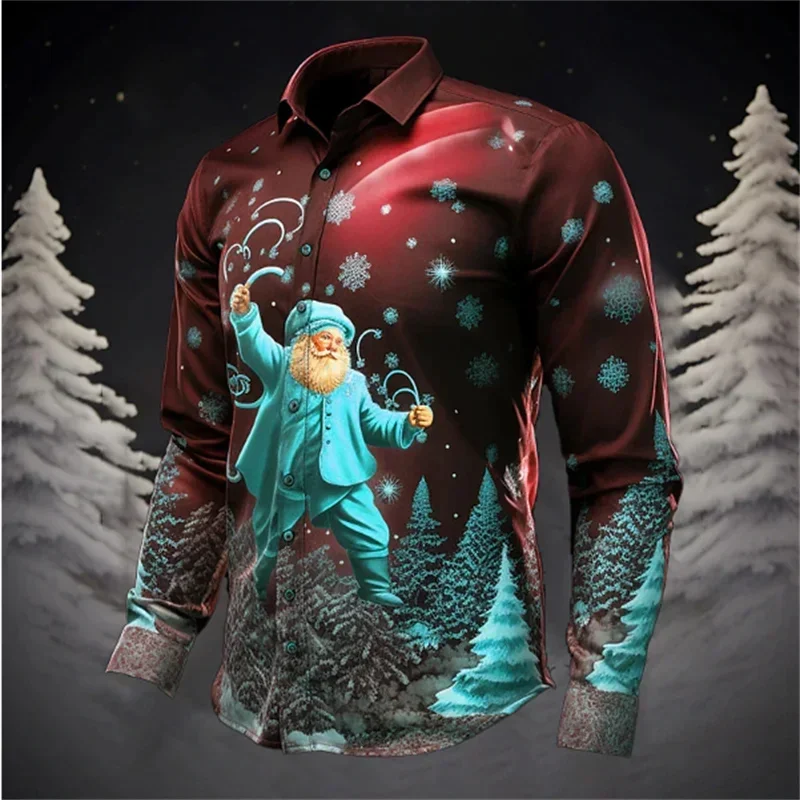 Santa Claus Christmas tree casual men's shirt, suitable for autumn and winter, long sleeves, mandarin collar, stretch fabric, av