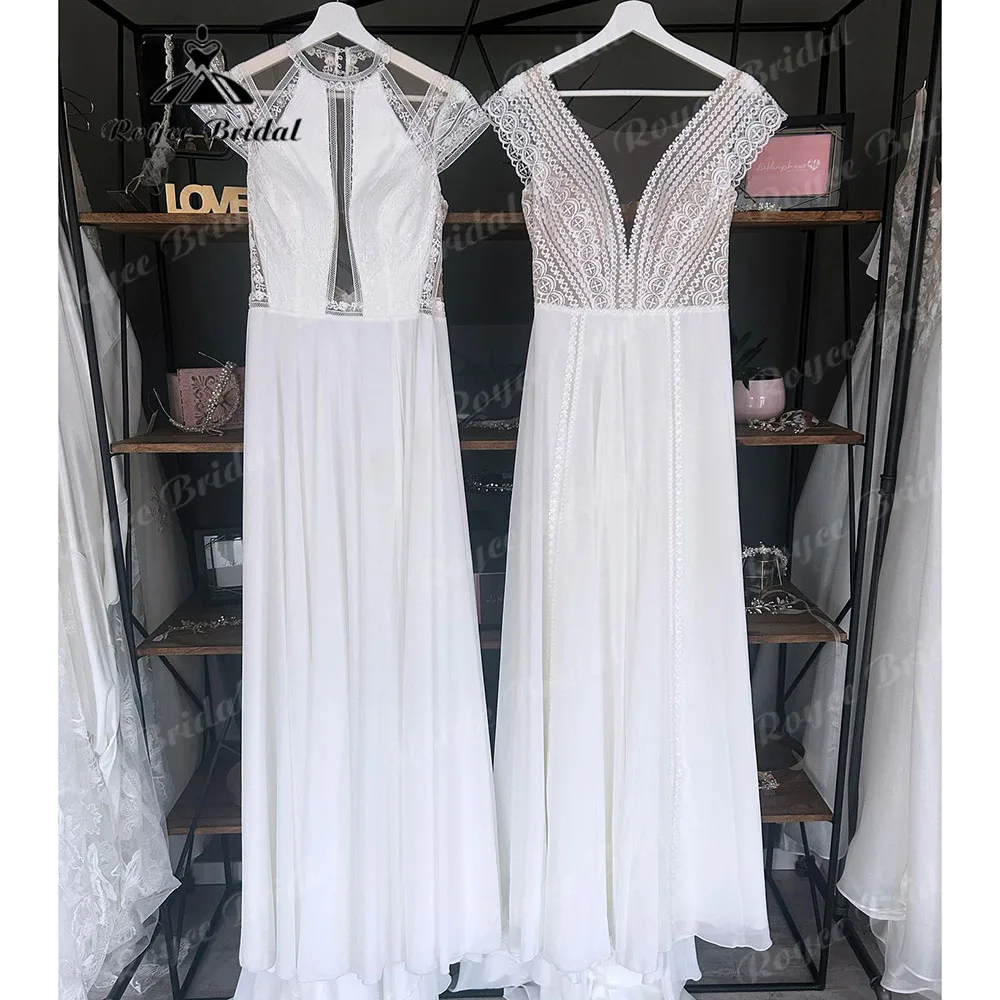 Abito da sposa estivo in Chiffon di pizzo Boho con maniche corte senza schienale 2023 abito longue abito da sposa abito da sposa