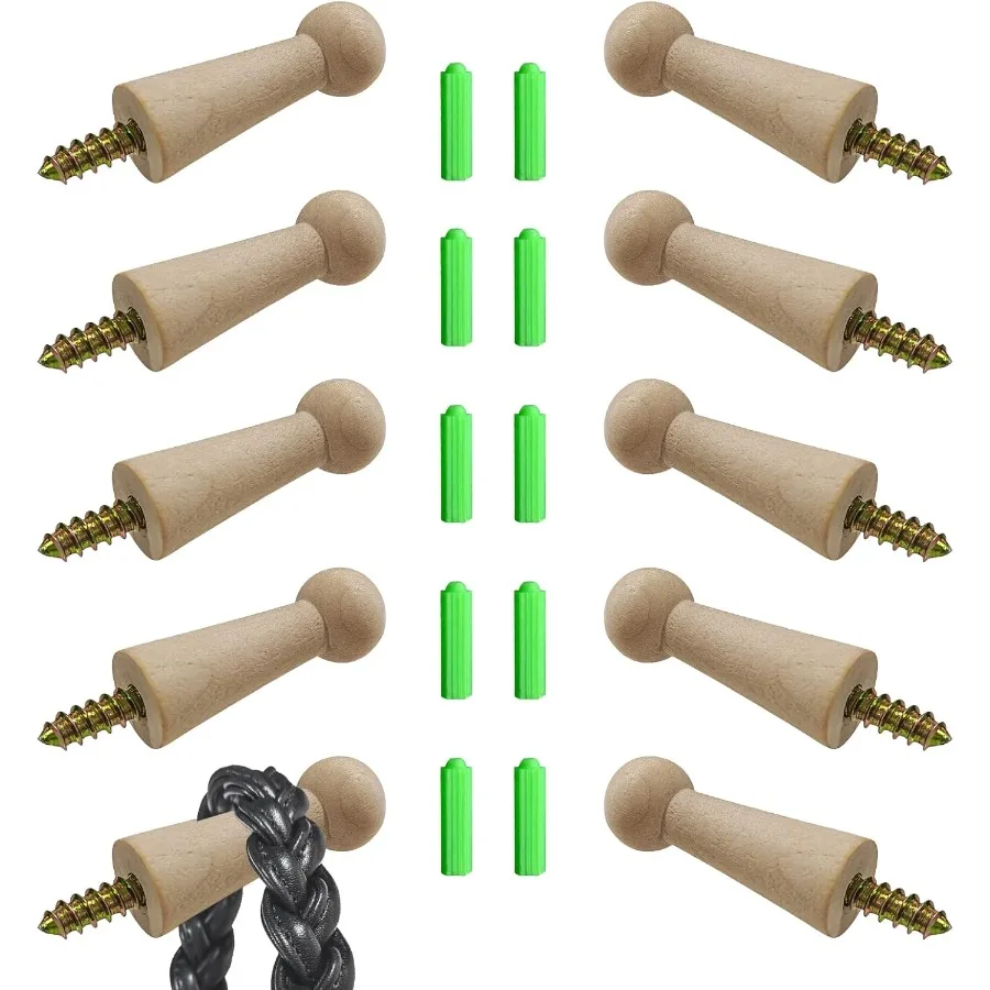 ScrewOn Gancho de madera maciza Gancho para abrigos Gancho para toallas Clavijas agitadoras para baño Sala de estar Jardín 10 piezas Sin pintura