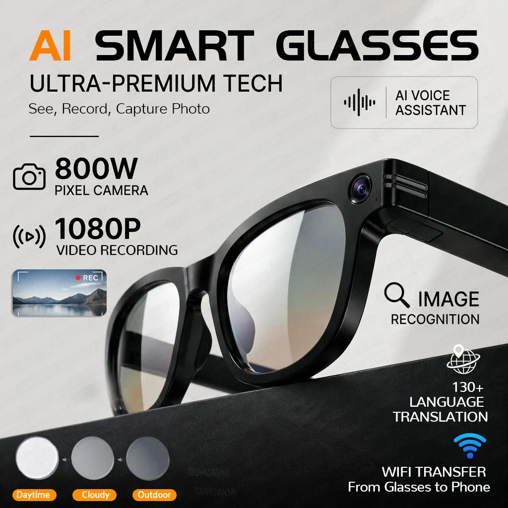 Lunettes intelligentes AI mondiales améliorées, en promotion, avec caméra anti-tremblement 8MP, vidéo POV 4K, audio Open-Ear, traduction et enregistrement