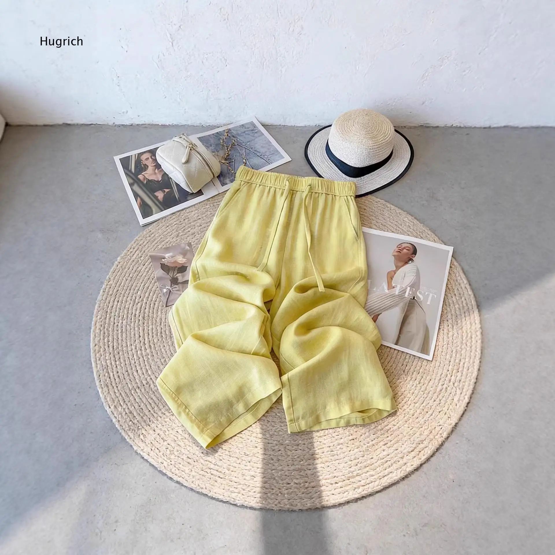 Elastic Drawstring Waist Tencel Wide Leg Pants Side Pockets Soft Drape Loose Fit Full Length Casual Trousers