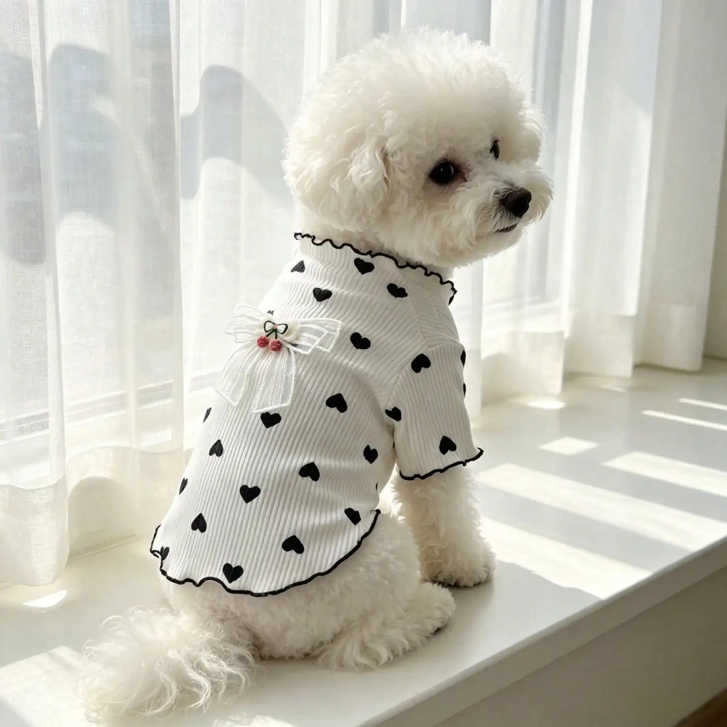 1 Stück Haustier-Hundetop mit Herz-Print, Rüschenbesatz, niedlicher Netzschleife und Kirschdekoration, Pullover-Shirt, weiche Strickkleidung – Detail 19