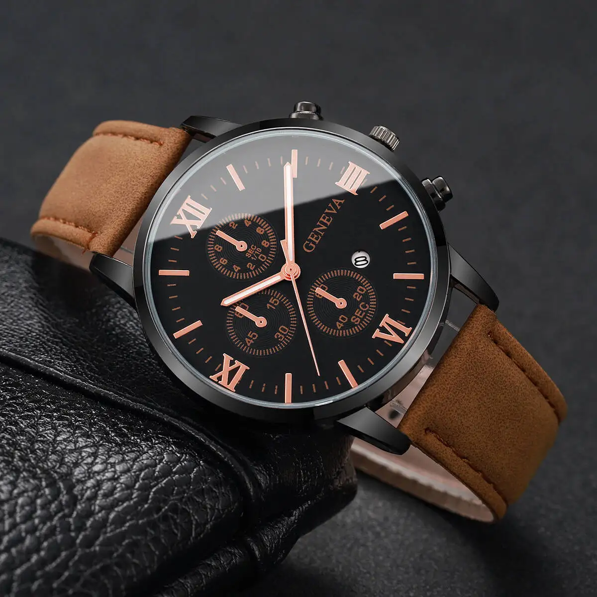 Fashion Roma Dial Men's Watch Casual Leather Strap Men Business Watches Analog Quartz Wristwatches with Calendar（Without Box）