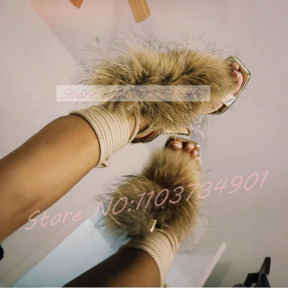 Gold Square Toe Brown Fur Sandals Women Fashion Lace-Up Rope Strappy Stiletto Heels Sandals Female Avant-Garde Festival Footwear