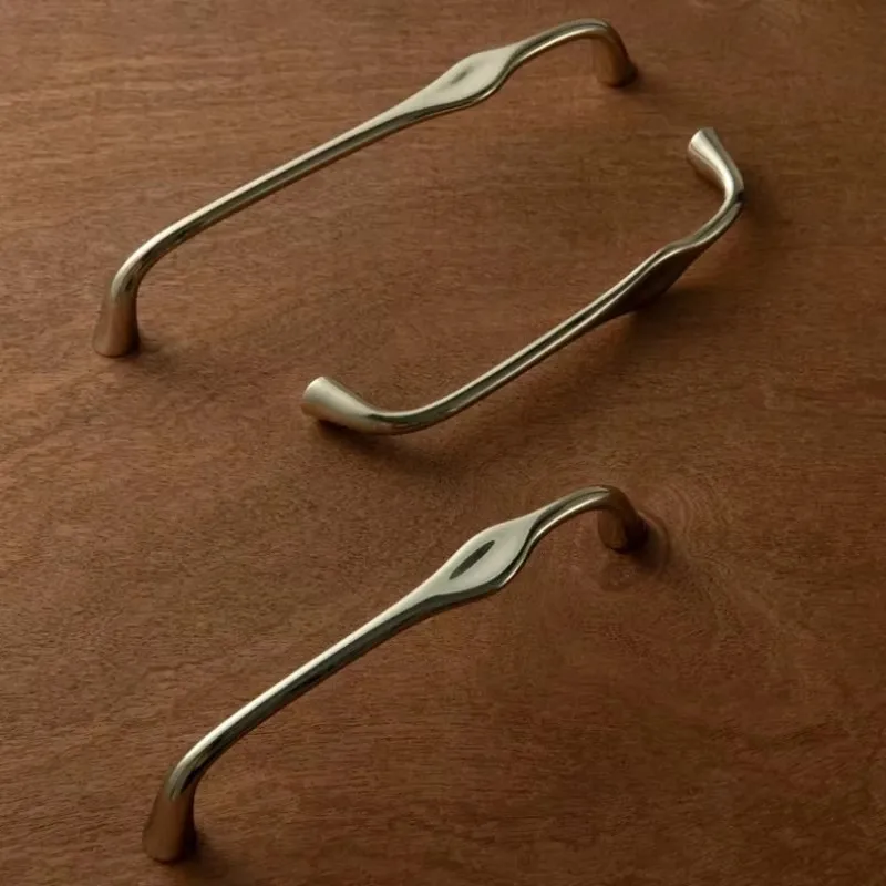 Titanium Silver Curved Cabinet Pulls Elegant Waist Shaped Solid Brass Drawer Handles and Knobs Gloss Silver Flowing Line Handles