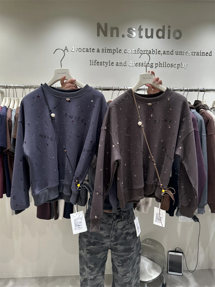 الماس ربيع الخريف المرأة البلوز كل مباراة فضفاضة جولة الرقبة البلوز أعلى طويلة الأكمام عارضة الإناث القطن هوديي قمم #4