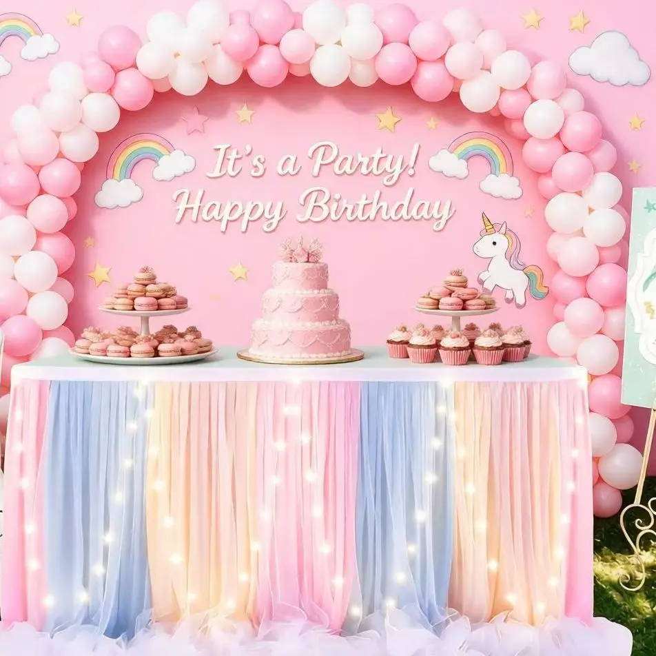 Pastel Tulle Table Skirt With Led Lights For Kids Pink Birthday Party Macaron Color Ruffled Tablecloth For Baby Shower Banquet