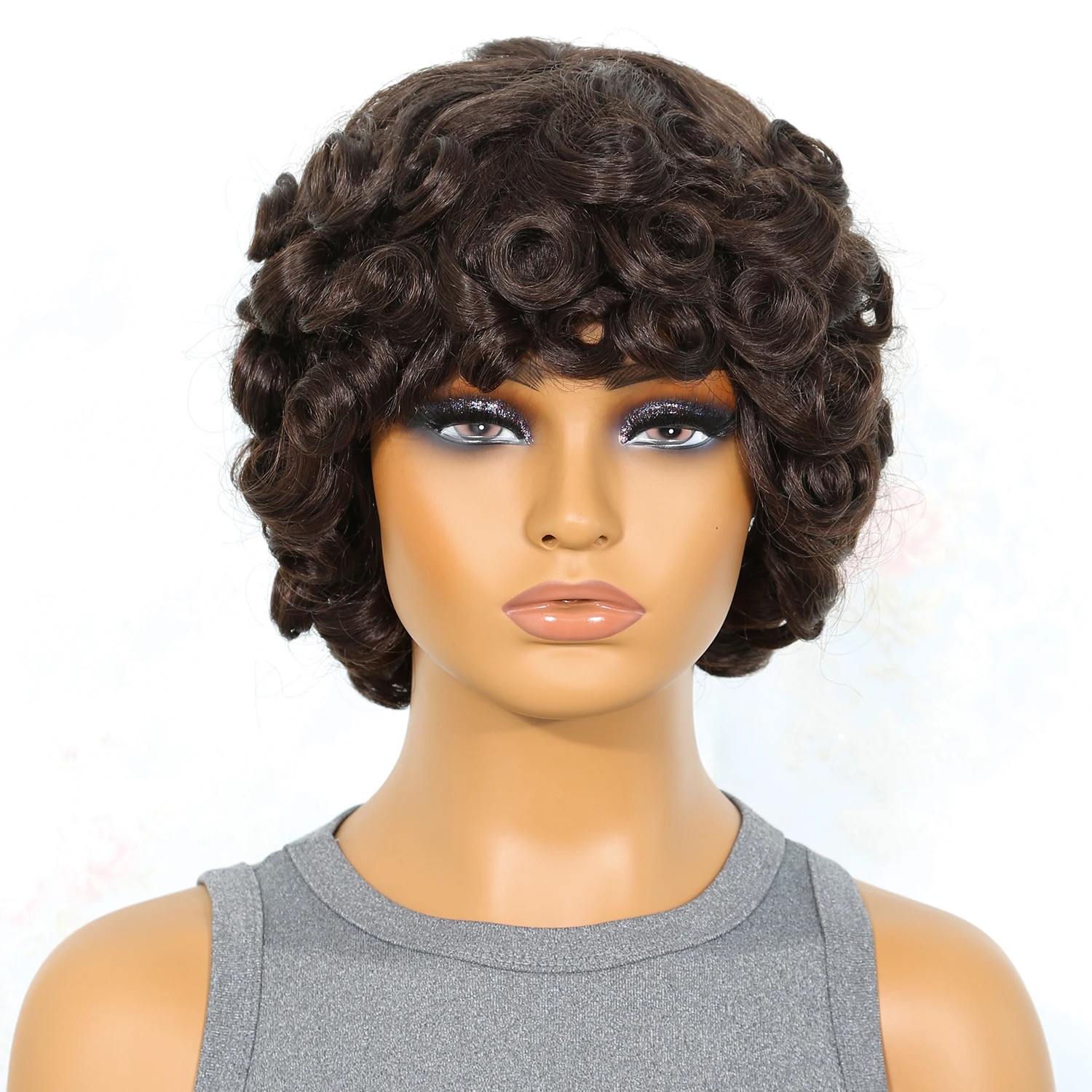 

Loose Curly Pixie Cut Wig Short Machine Made Non Lace Wigs For Women Cheap Bouncy Curly Human Hair Wig