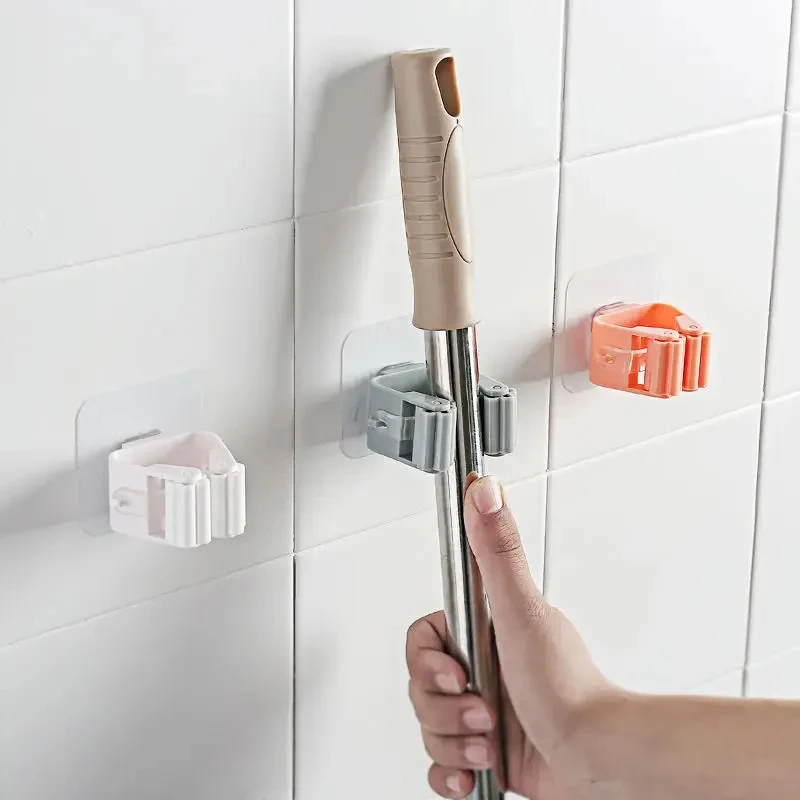 Multi-Purpose Hooks Punch-free Mop Holder Bathroom Shelf Wall-Mounted Mop Broom Hanger Self Adhesive Hooks Bathroom Storage