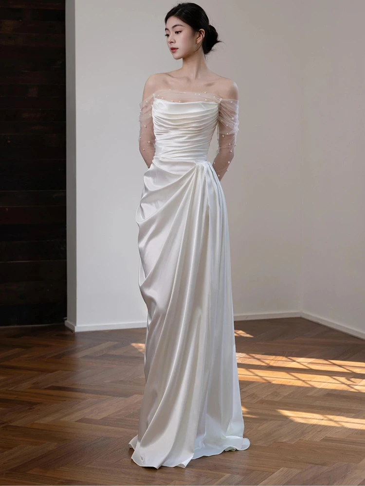 

Ele Satin Light Wedding Dr Simple Bride Outdoors Wedding White Dr with Sve oulder Sle Long Skirt