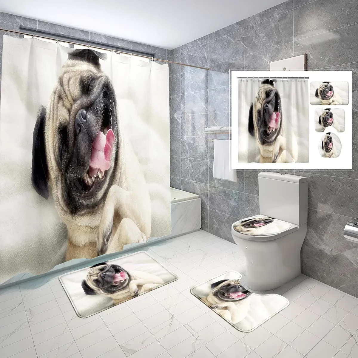

Funny Pug Dog Shower Curtain Set French Bulldog Photos 4 Pcs Shower Curtain Bathroom Non-Slip Bath Mat Toilet Cover