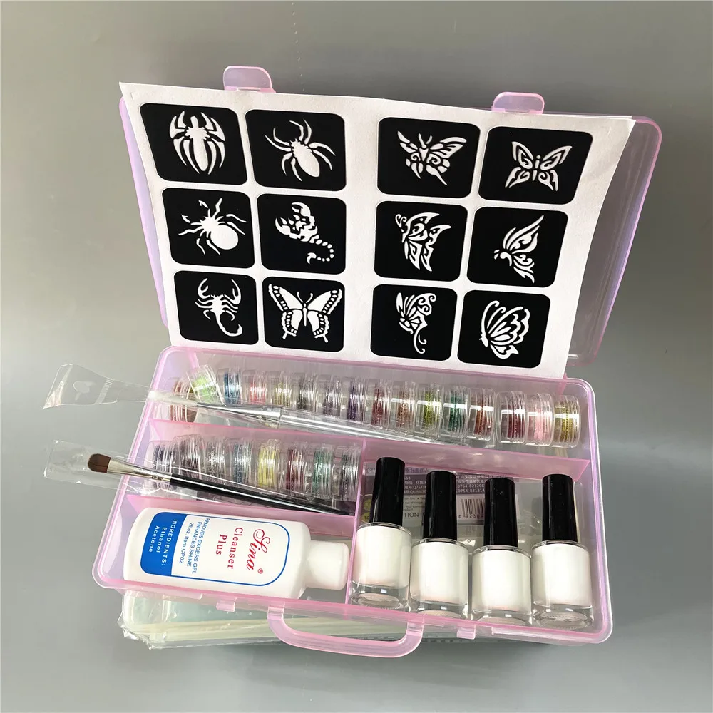 Temporary Diamond Glitter Tattoo Kit 24 Colors Powder 4 Glue Stencil Hollow Template For Fake Tattoo Beauty Body Painting Art