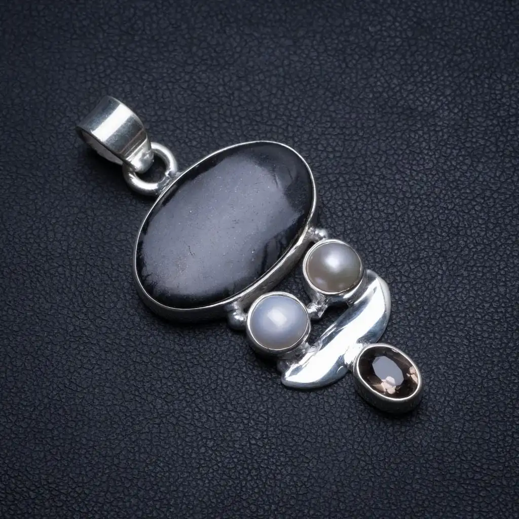 Picasso Jasper,River Pearl and Smoky Quartz Handmade Unique 925 Sterling Silver Pendant 2