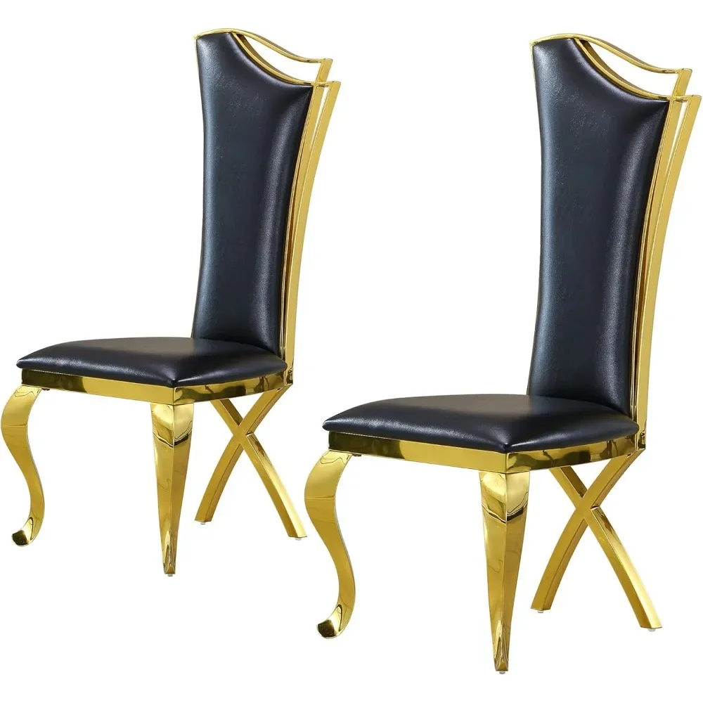 dining chair，Dining Chairs Set of 2,Modern Black Leather Upholstered Kitchen Chairs with High Backrest Gold Stainless Steel Legs