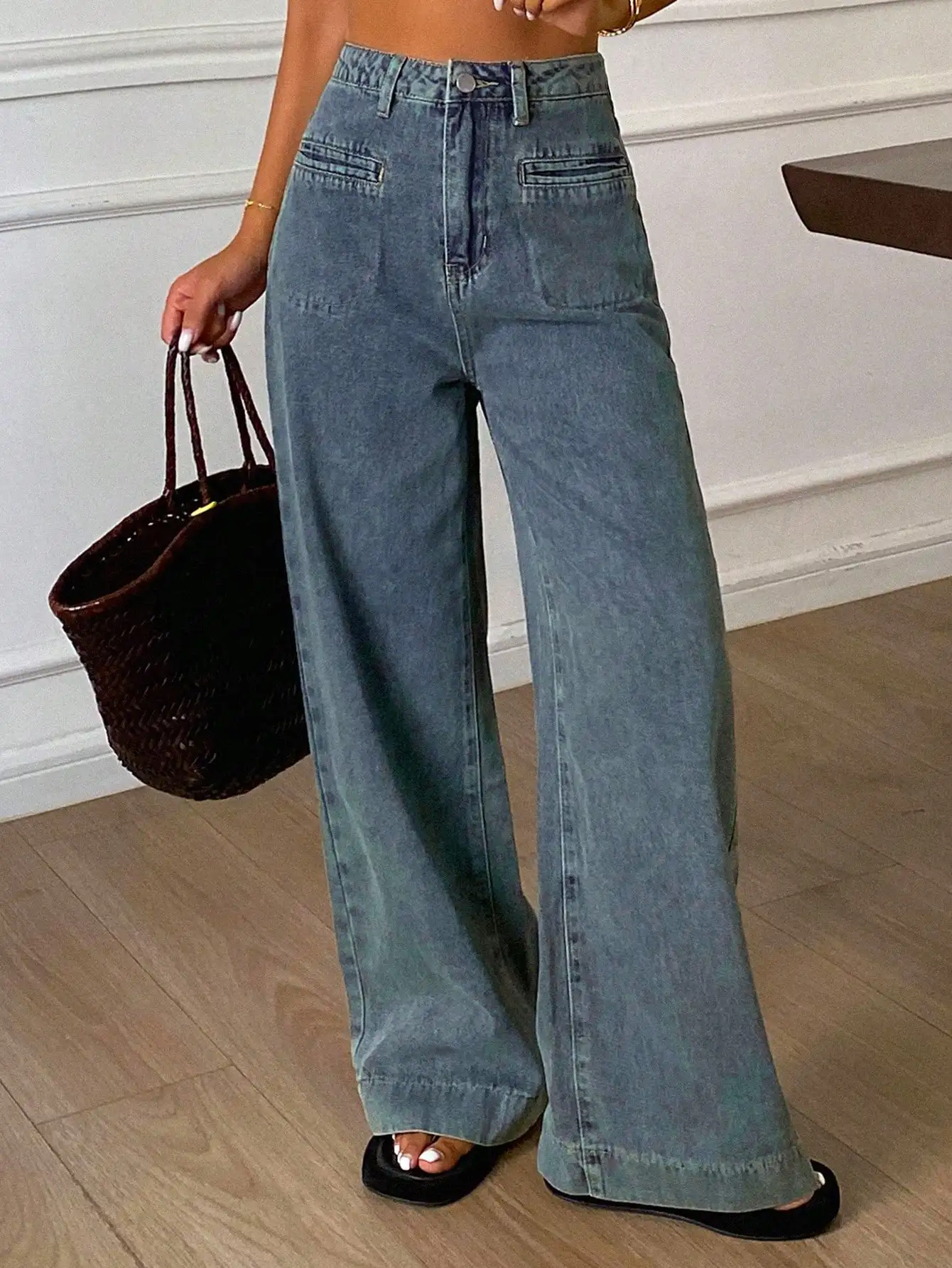 

Women's High Waist Loose Wide Leg Denim Jeans with Front Pockets Casual Style