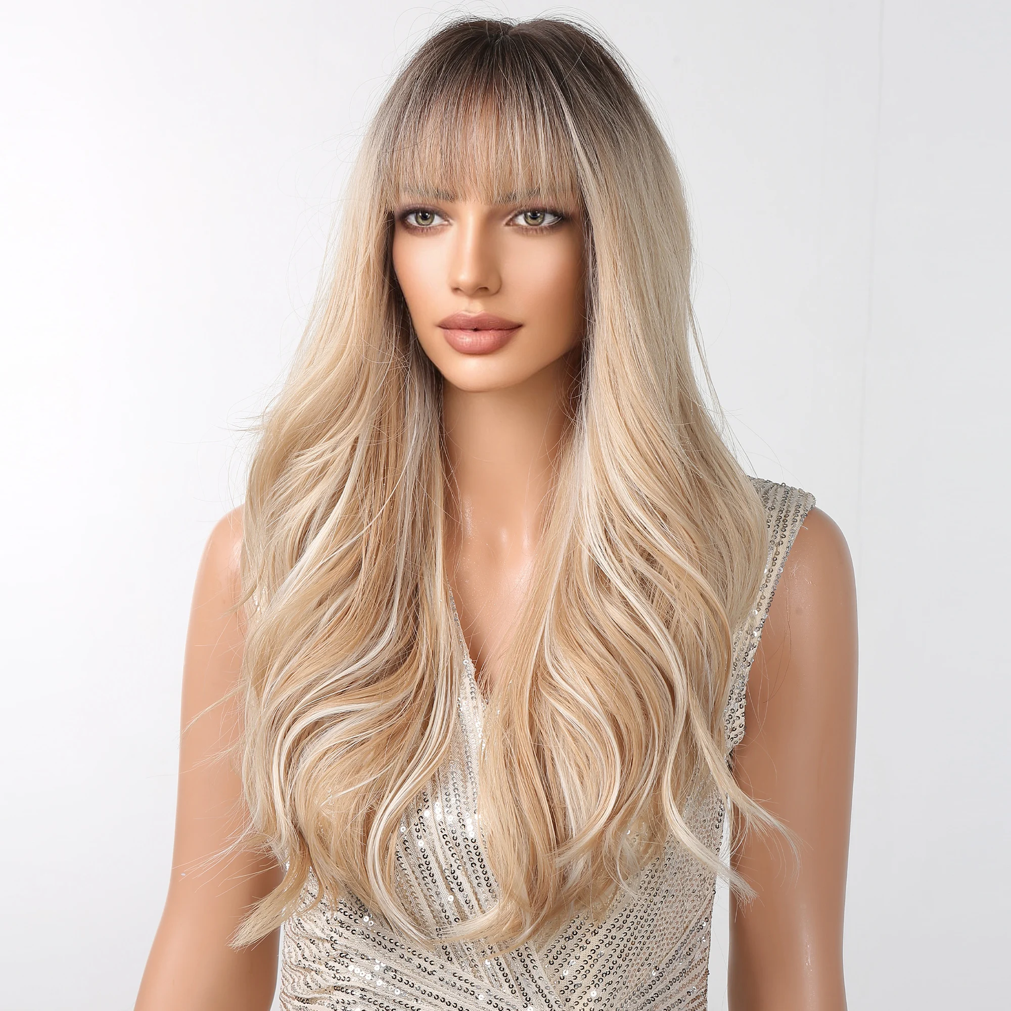 Long Blonde Highlight Synthetic Wigs for Women Ombre Blonde Wig with Bangs Natural Looking Daily Party Hair Heat Resistant Fiber