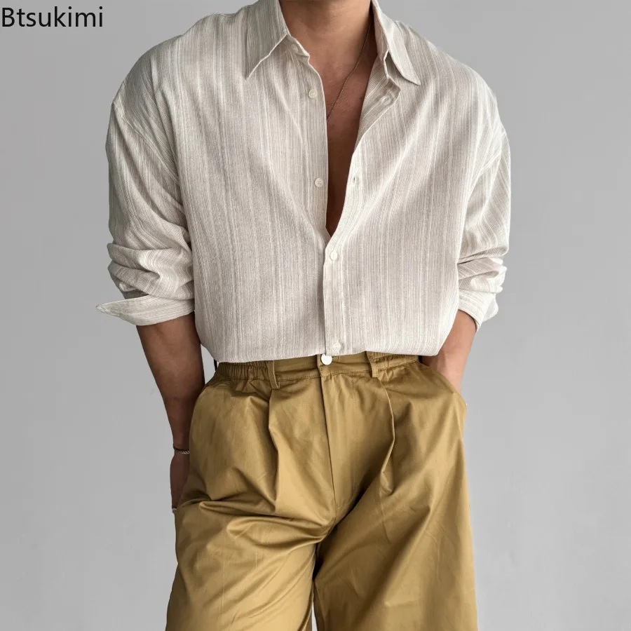 Men's Spring Autumn Long Sleeve Shirts Turn-down Collar Striped Blouse Men Clothing Button Sunscreen Breathable Trend Shirts New