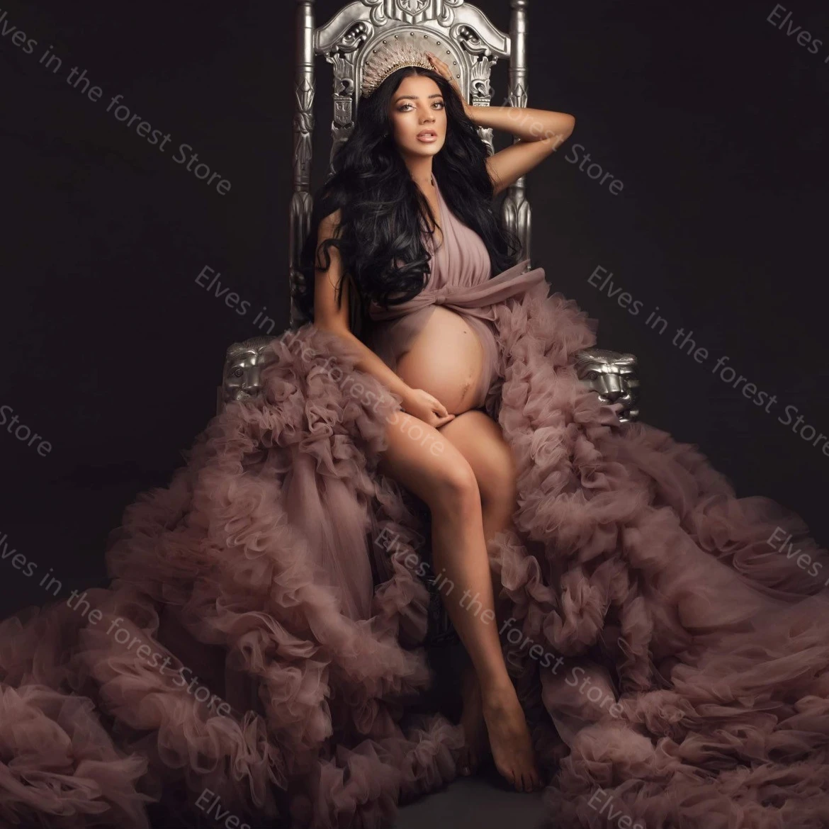 New Pink Tulle Pregnancy Dresses V Neck Sleevless Front Slit Open Extra Puffy Ball Gown Women Maternity Dressing Gowns