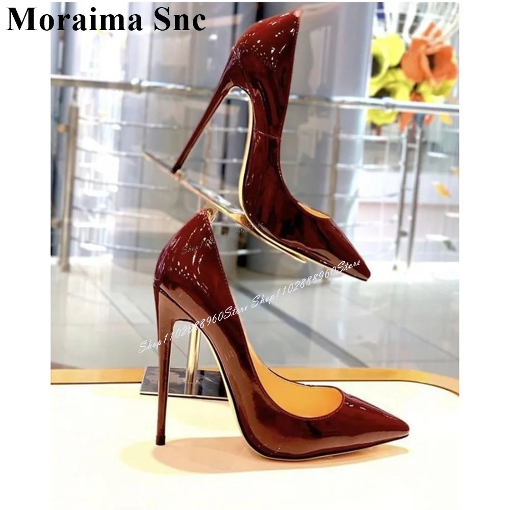 Sexy Style Burgundy Patent Leather Shallow Pumps Stilettos High Heel Women Shoes Slip-On Pointed Toe 2024 Zapatos Para Mujere