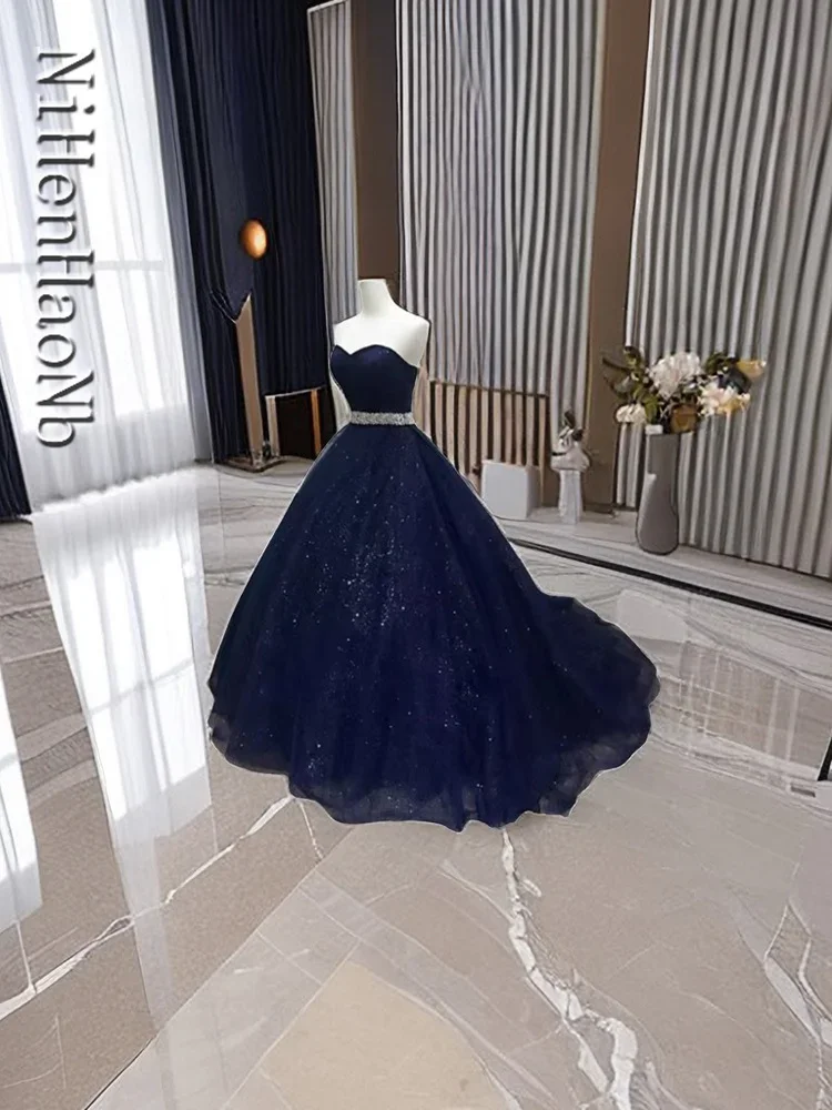 Navy Blue Sweetheart Quinceanera Dresses 15 Years Glitter Tulle Beading Sash Sweet 16 Debutante Birthday Party Gowns