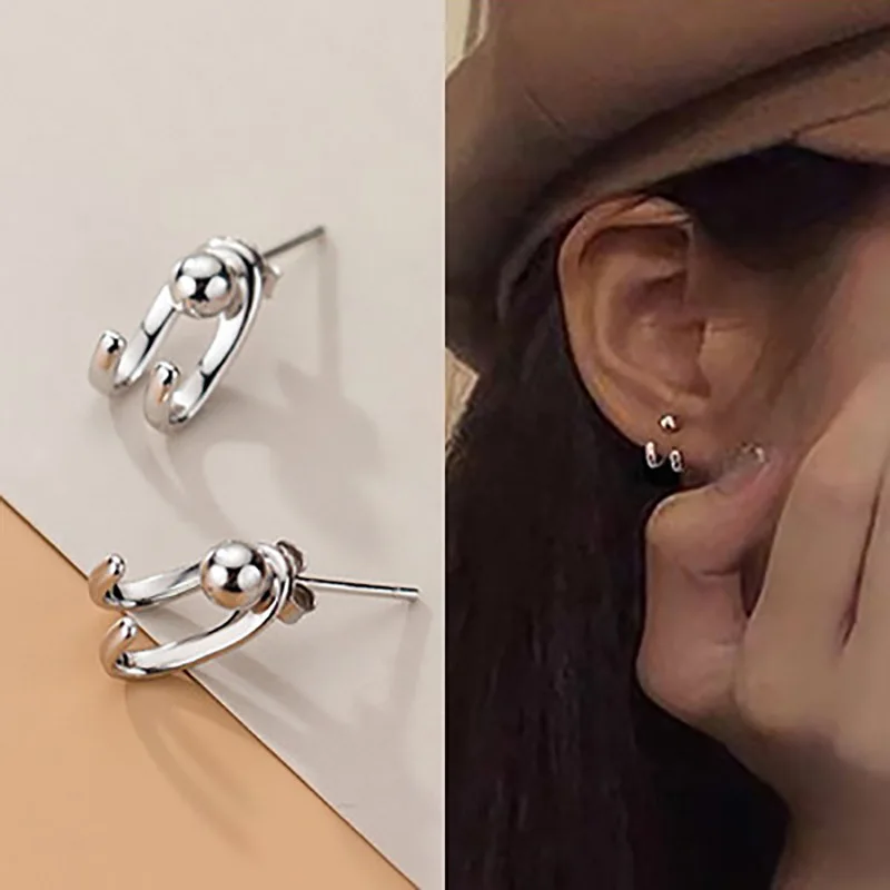 New Double Line Hook Curved Ball Back Hang Post Stud Earrings Two in One Geometric Silver Color Metal Brincos Jewelry Girl Gift