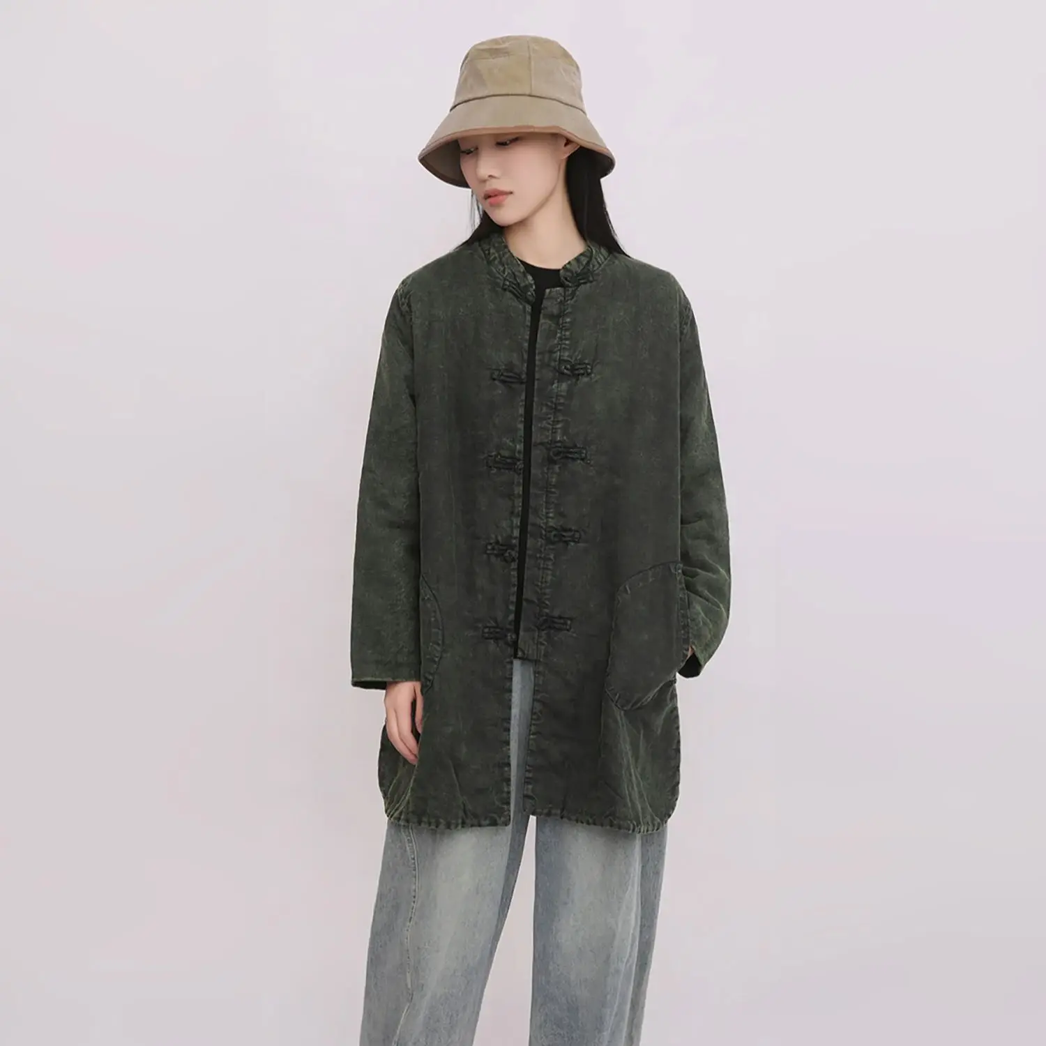 LZJN 여성용 겨울 젠 스타일 빈티지 솜 패딩 코트, 만다린 칼라 버튼형 따뜻한 재킷, 태극권 의류 디자인.