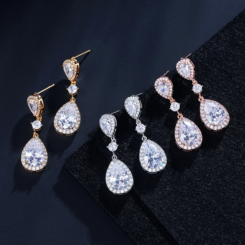 ZAKOL Shinny Water Drop Cubic Zirconia Dangle Earrings For Women Exquisite Bridal Wedding Party Jewelry Gift